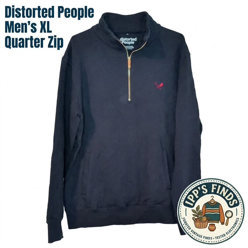 Distorted People Mens XL Navy Quarter Zip Sweatshirt Gold Zipper Embroidered